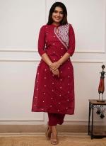 Cotton Cherry Pink Office Wear Embroidery Work Readymade Kurti With Pant